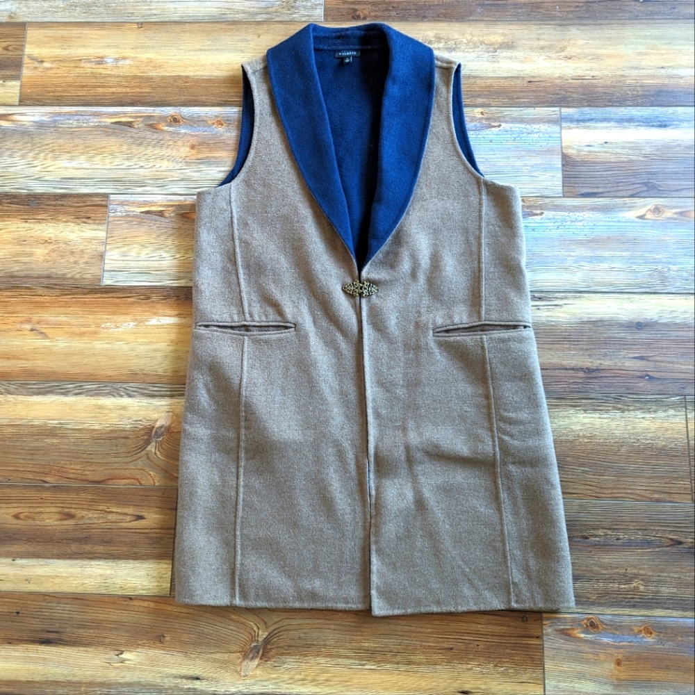 Talbots Double Faced Wool Blend Open Front Long Shawl Collar Vest Camel…